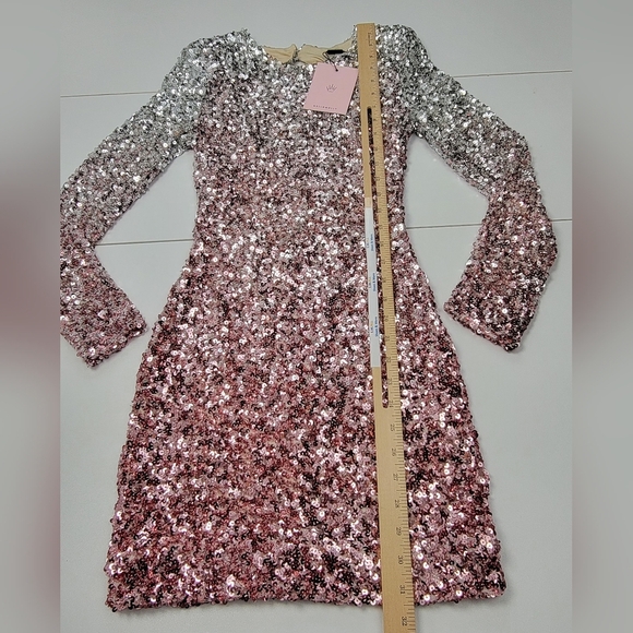 Hello Molly Pink Silver Sequin Long Sleeve Open Back Zip Up Mini Dress XS New - Picture 9 of 13